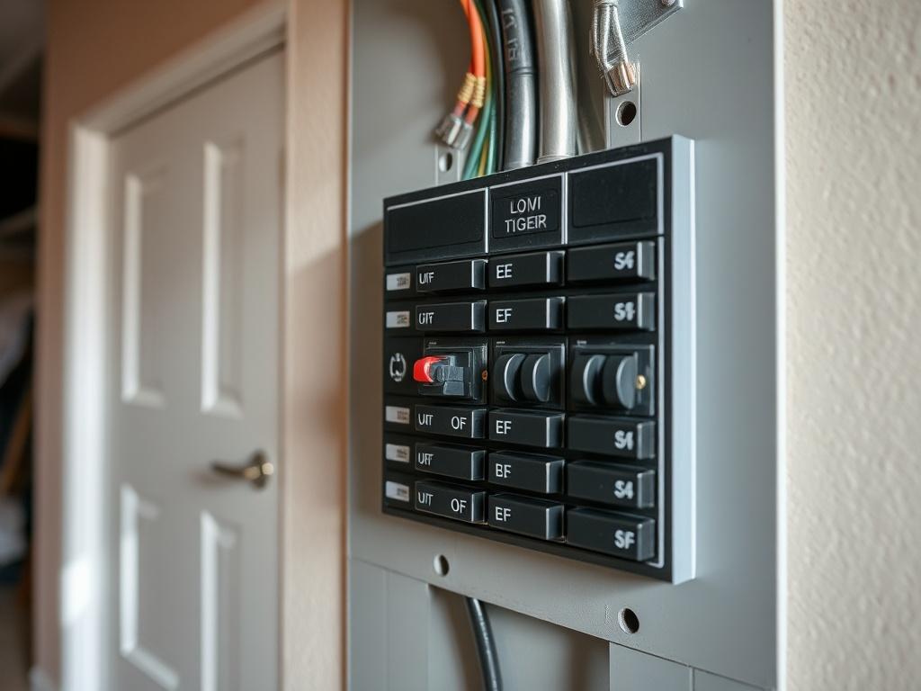 **AI Image Generation Prompt:**

Generate a realistic high-resolution photo that captures the essence of troubleshooting a circuit breaker in a residential setting. The composition should be simple and clear, focusing solely on one subject: a close-up view of an electrical circuit breaker panel. The panel should display several circuit breakers with one visibly tripped breaker, showcasing the switch in the 'off' position. 

The background should be a well-lit utility room or basement, featuring neutral-colo