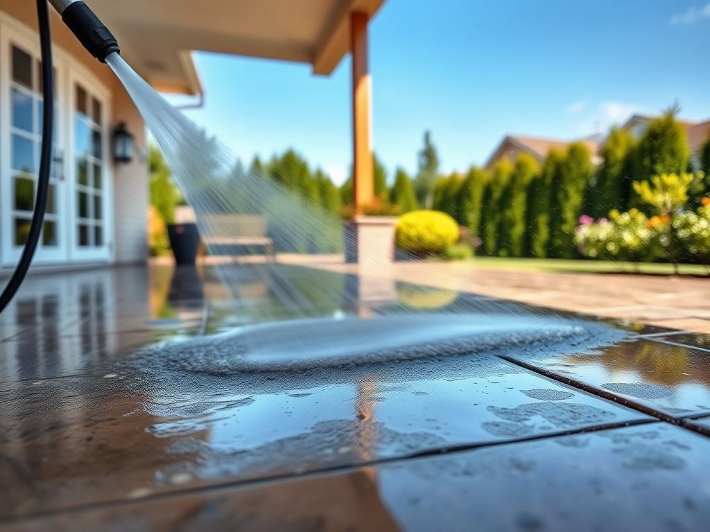 A high-resolution image of a residential patio being pressure washed, with visible water spray and dirt being removed. The background shows a well-maintained garden and a clear blue sky, highlighting the contrast between the clean patio and surrounding greenery, emphasizing the visual improvement.