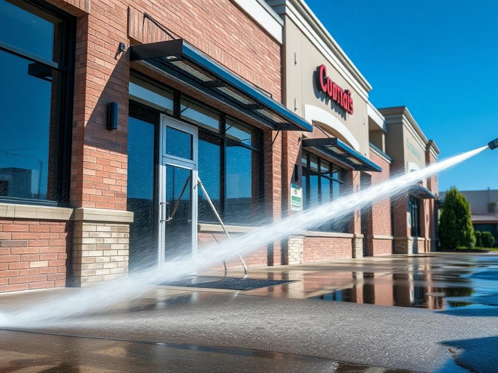 A high-resolution image of a commercial building being pressure washed, showcasing a before-and-after effect. The focus is on the water spraying against the building, with a clear blue sky in the background. The composition highlights the cleanliness of the sidewalk and entrance area, emphasizing the visual improvement of the property.