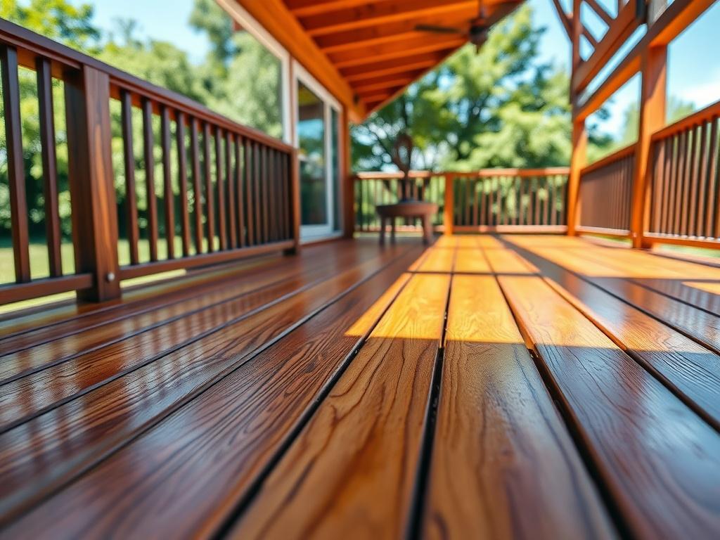 A high-resolution image of a beautifully cleaned wooden deck after pressure washing, showcasing the vibrant wood grain. The image includes a backdrop of lush greenery and a bright blue sky, emphasizing the transformation and inviting atmosphere of the outdoor space.