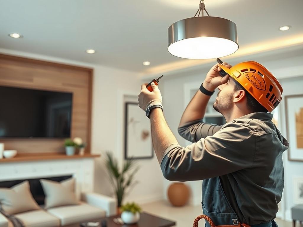 An electrician installing a modern light fixture in a stylish living room. The electrician should be focused, with tools in hand, while the room should feature contemporary decor. The background should be well-lit, showcasing the transformation of the space with the new lighting.