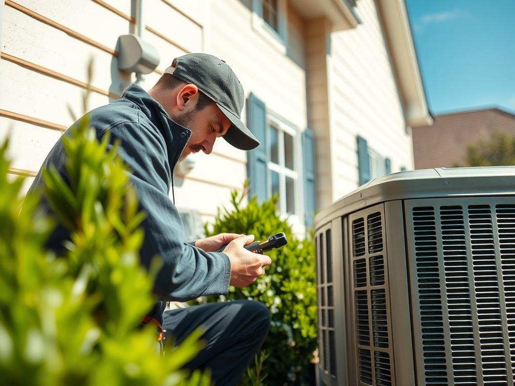 An HVAC technician working on an air conditioning unit outside a residential home. The technician should be focused and using tools, showcasing a detailed view of the equipment. The background should display a neatly manicured garden and a clear blue sky, emphasizing a pleasant working environment.