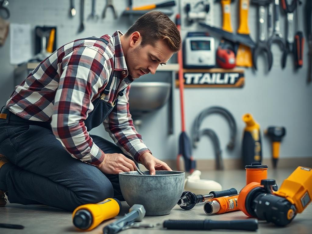 A professional plumber kneeling next to a sink, focused on repairing plumbing under the basin. The scene should display high-quality tools scattered around, emphasizing expertise. Background should have a clean and organized workshop atmosphere, with tools neatly arranged on the wall. The lighting is bright and inviting, highlighting the plumber's determination.