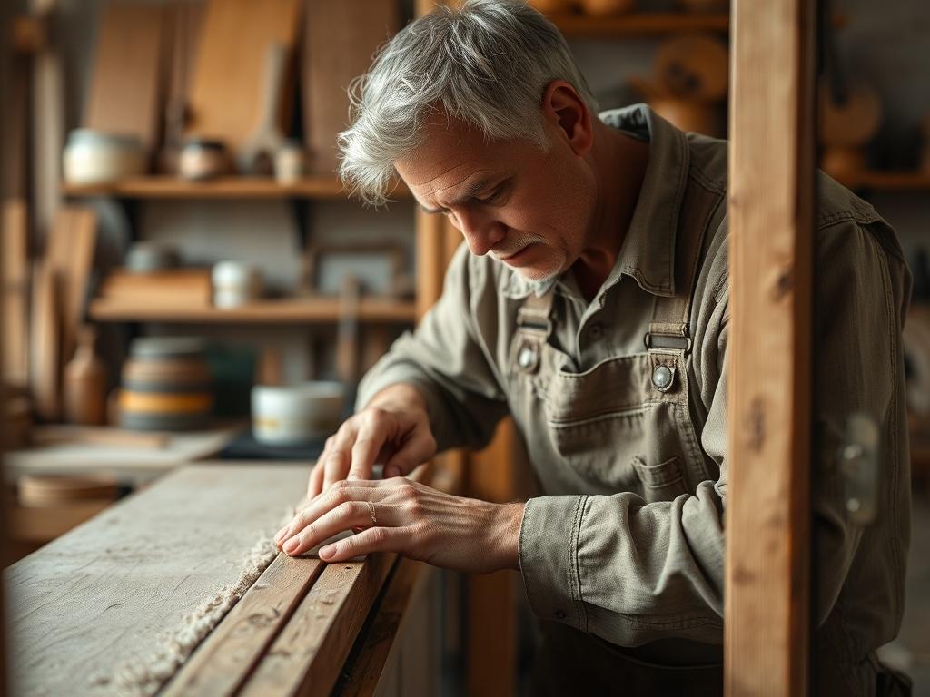 Create a realistic high-resolution photo featuring a single artisan restoring an old wooden window. The artisan is mid-action, carefully sanding the wood frame, showcasing the intricate craftsmanship involved in the restoration process. Use a close-up perspective to emphasize the texture of the wooden window with visible grains and imperfections that highlight its age. The artisan should wear traditional work attire, such as a simple shirt and apron, to evoke a sense of timeless craftsmanship.

In the backg