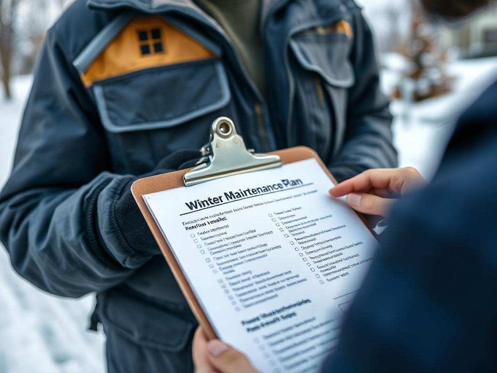 A close-up shot of a clipboard with a winter maintenance plan checklist, being reviewed by a service professional outdoors in a snowy setting. The background includes a residential property and a snowy landscape, symbolizing preparation and diligence for the winter season.