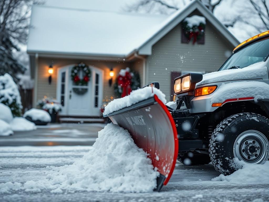 A close-up shot of a snowplow clearing snow from a residential driveway, with snowflakes gently falling in the background. The scene shows a well-maintained home with winter decorations, emphasizing a clean and safe environment. The snowplow is prominently featured, showcasing its size and effectiveness in snow removal, while the cozy home adds warmth to the winter landscape.