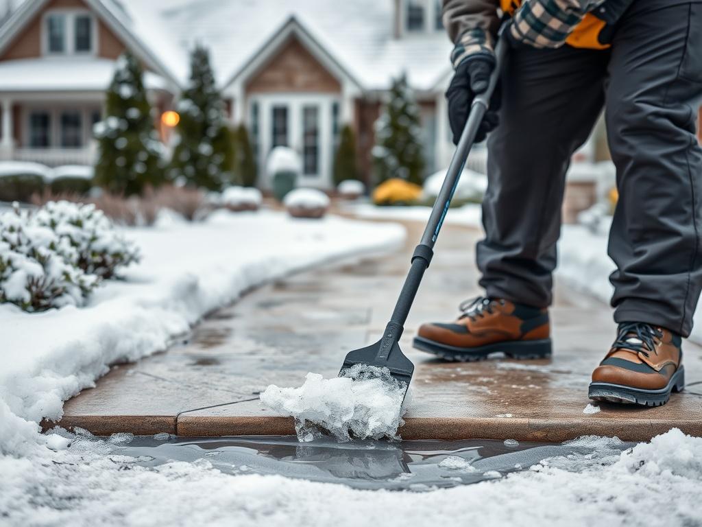 A close-up shot of a worker applying eco-friendly ice melt to a walkway, with a clear view of the ice melting on the surface. The worker is dressed in winter gear, showing professionalism and dedication to safety. The background features a residential property with snow-covered landscaping, creating a serene winter atmosphere.