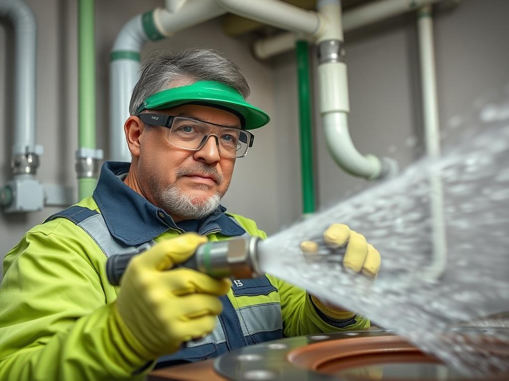 **Prompt for AI Image Generator:**

Create a realistic high-resolution photo focusing on a professional technician performing drain line jetting. The technician, a middle-aged person wearing safety gear including gloves and goggles, should be positioned prominently in the foreground. They are holding a high-pressure jetting hose, with water spraying from the nozzle into an open drain. The technician's expression should convey focus and expertise, showcasing dedication to preventative maintenance.

The backg