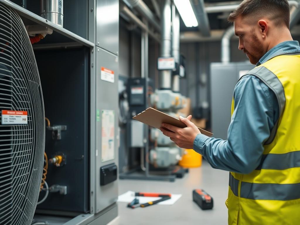 A close-up photo of a technician inspecting an HVAC system in a commercial facility. The technician is using a clipboard and taking notes, with tools laid out nearby. The background shows a well-maintained and organized mechanical room. Shot with a 45mm f/1.2 lens to capture the details of the equipment.