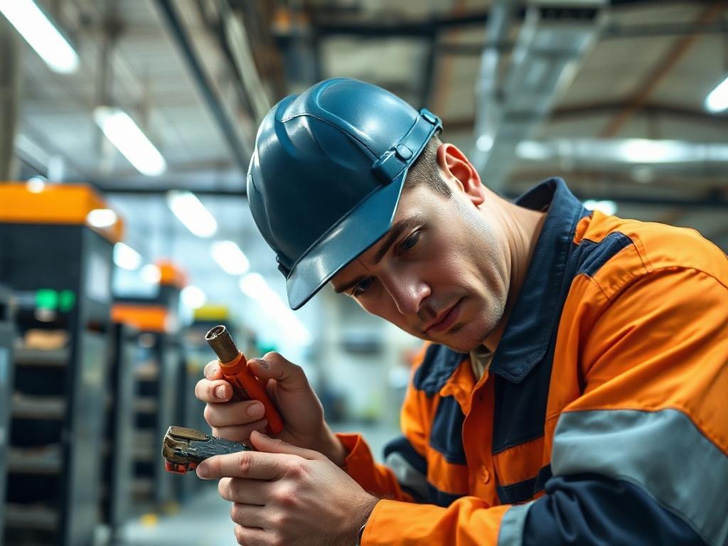 A dynamic photo of a technician responding to an emergency repair situation, fixing a plumbing issue in a commercial setting. The technician is focused on the task, with tools in hand. The background shows a busy facility, emphasizing urgency. Shot with a 45mm f/1.2 lens to highlight the technician's determination.