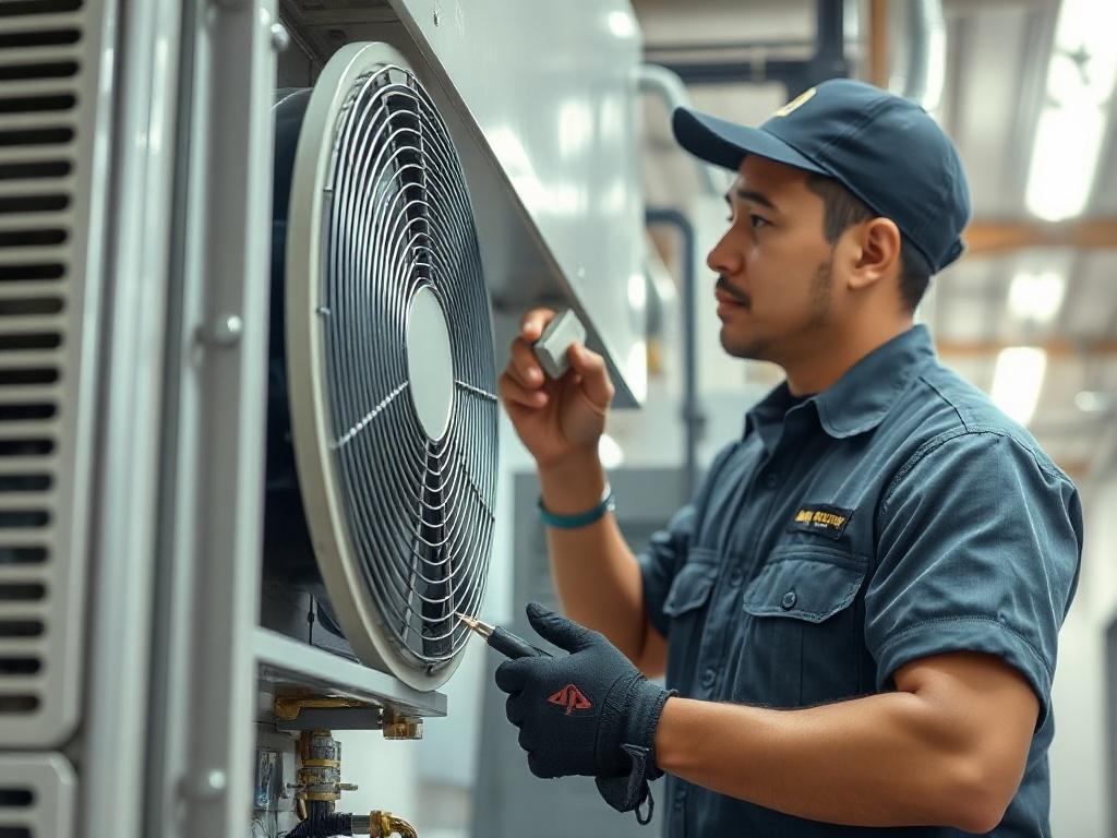 A high-resolution photo of a technician performing facility maintenance, focusing on a commercial HVAC unit. The technician is wearing a uniform and using tools, with the HVAC system in clear view. The background features a well-maintained facility interior, showcasing cleanliness and order. Shot with a 45mm f/1.2 lens, emphasizing the technician's focus on quality work.