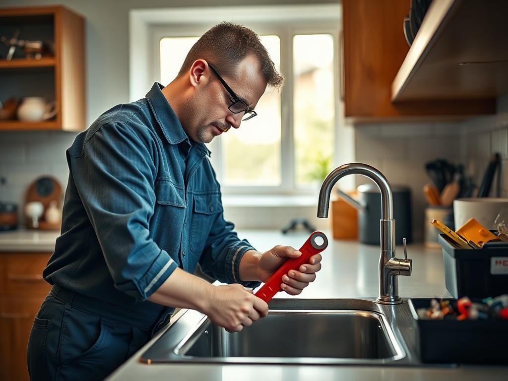 **Prompt for AI Image Generation:**

Create a highly realistic, high-resolution photo that visually represents the essence of home maintenance. The composition should be simple and clear, featuring a single subject: a skilled tradesperson in action. This person, a mid-30s Caucasian man, is working on a plumbing task, focused on repairing a kitchen sink. The tradesperson is depicted wearing a professional uniform, showcasing the tools of his trade, such as a wrench and a toolbox nearby.

The background shoul