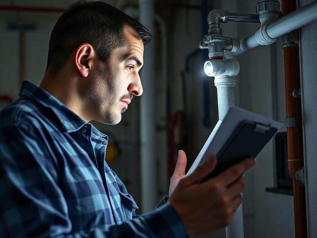 A hyper-realistic close-up of a plumber inspecting pipes in a commercial building. The image should show the plumber using a flashlight to examine a pipe, with a clipboard in hand for documentation. The background should include visible plumbing elements and tools, highlighting the thoroughness of preventive maintenance. Capture the professionalism and expertise of the plumber, appealing to business owners interested in proactive care.