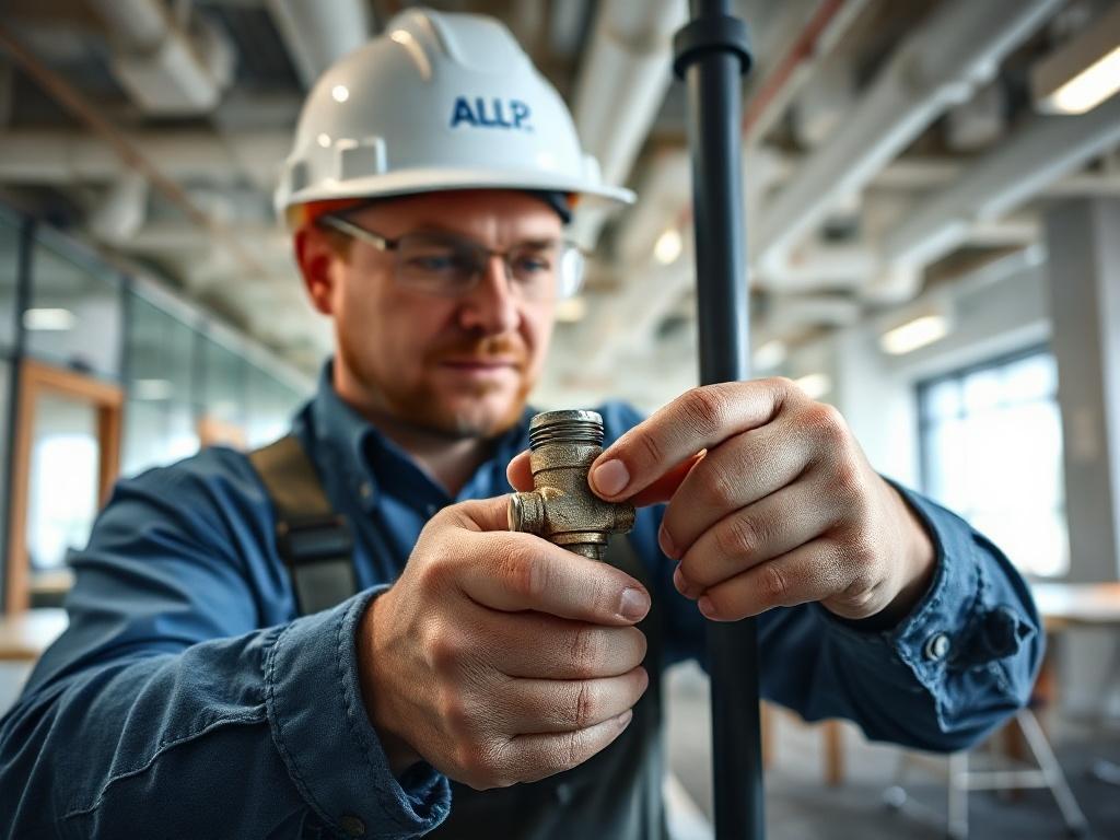 A hyper-realistic close-up of a commercial plumber working on a pipe installation in a modern office building. Focus on the plumber's hands as they skillfully tighten fittings with tools, emphasizing the craftsmanship. The background should show a clean office environment with visible plumbing systems like pipes and valves, conveying a sense of professionalism and quality. The image should capture the attention of business owners looking for reliable plumbing solutions.