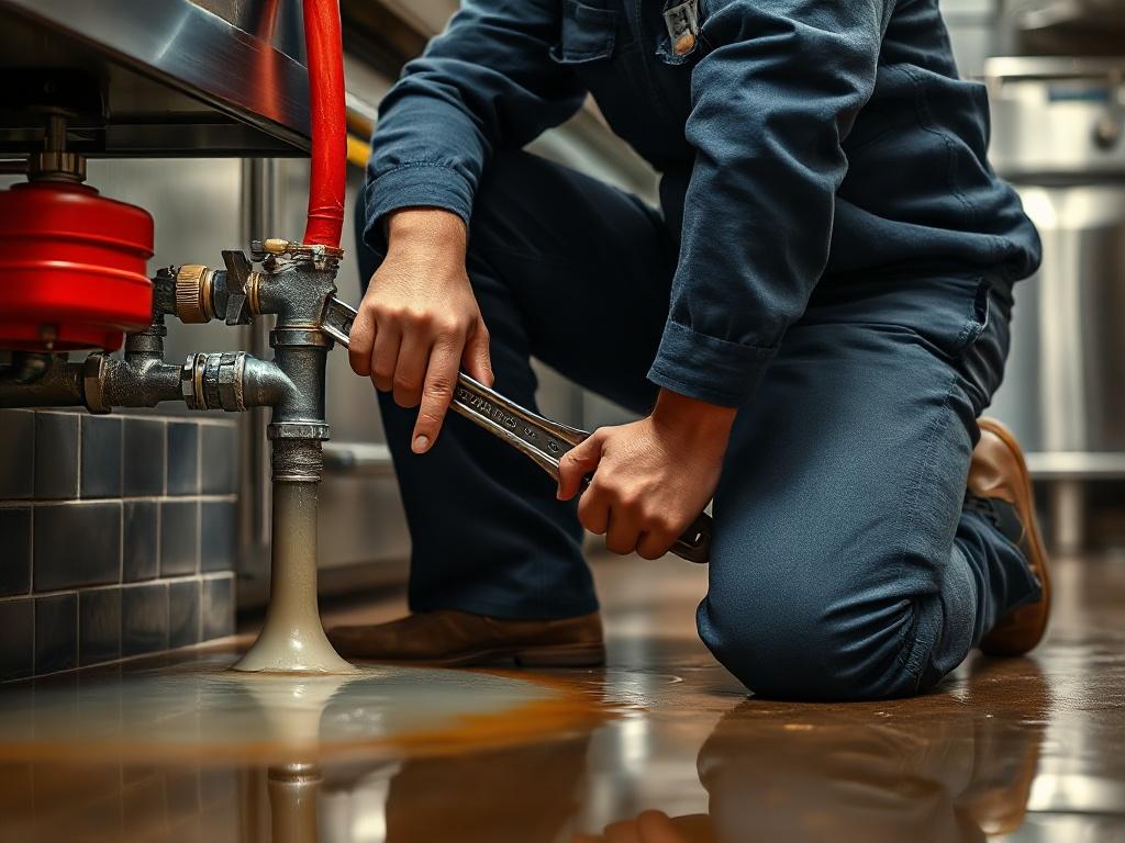 A hyper-realistic close-up of a plumber in action during an emergency repair in a commercial kitchen. The image should show the plumber kneeling next to a flooding area, using a wrench to fix a broken pipe. The background includes kitchen appliances and equipment, emphasizing the urgency of the situation. Capture the determination and focus of the plumber, making it relatable for business owners facing plumbing crises.
