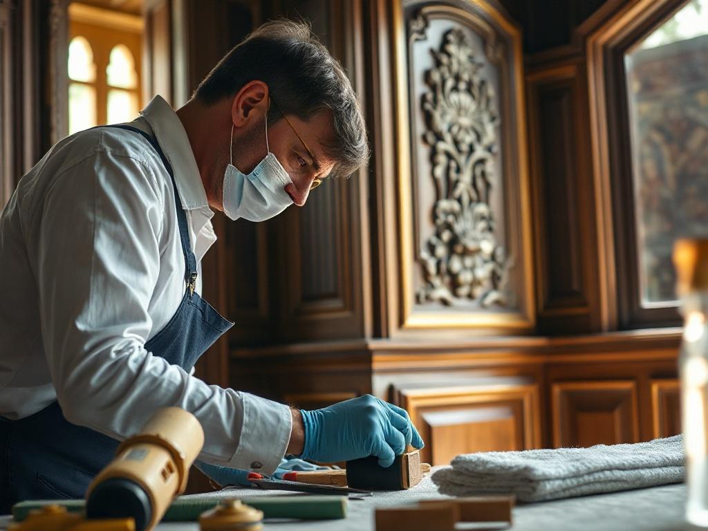 An interior restoration expert carefully refinishing ornate wood paneling in a historical setting. The close-up shot highlights the intricate details of the woodwork, with tools and materials artfully arranged in the foreground. Soft, natural light filters through a nearby window, enhancing the warm tones of the wood and creating an inviting atmosphere.