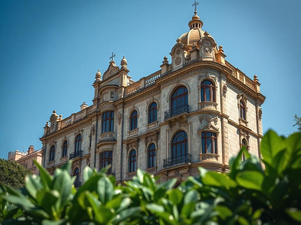 A beautifully restored historical building showcasing intricate architectural details, captured in a close-up shot with a 45mm f/1.2 lens. The building stands against a clear blue sky, highlighting its ornate features and craftsmanship. The foreground includes lush greenery, emphasizing the building’s significance in its surroundings, with a focus on the rich textures and colors.