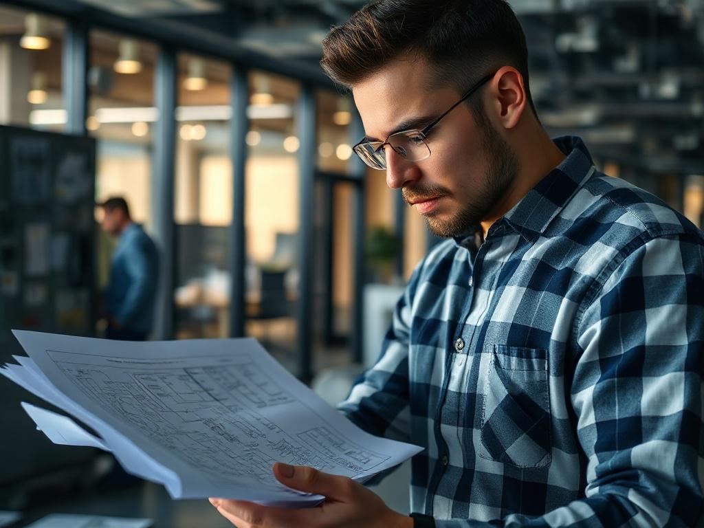 A detailed close-up of an electrician reviewing electrical blueprints and codes in a modern office environment. The image should highlight the blueprints, tools, and the electrician’s focused expression, showcasing professionalism and expertise.