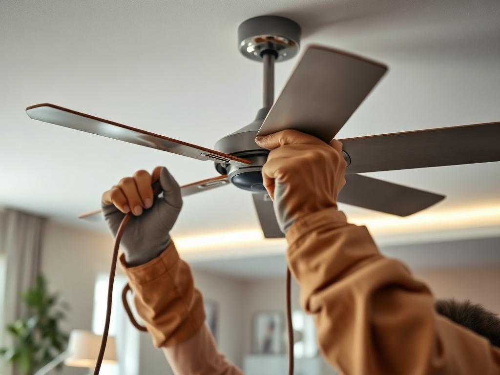 A close-up shot of a skilled electrician installing a modern ceiling fan in a stylish living room. The image should focus on the electrician's hands as they work, with tools visible, and a clean, well-lit background showcasing a contemporary home interior.