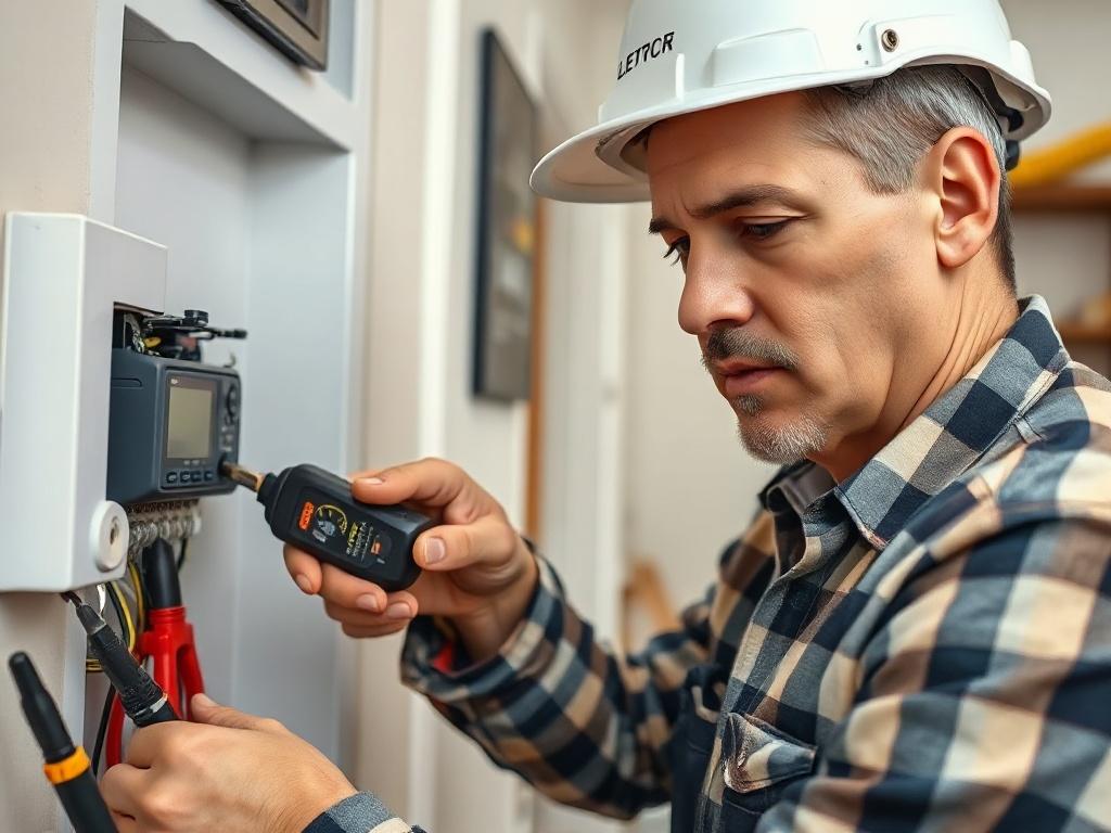 A hyper-realistic close-up of an electrician using diagnostic tools to troubleshoot electrical issues in a home setting. The image should focus on the tools and the electrician's concentrated expression, with a clean and organized workspace in the background.