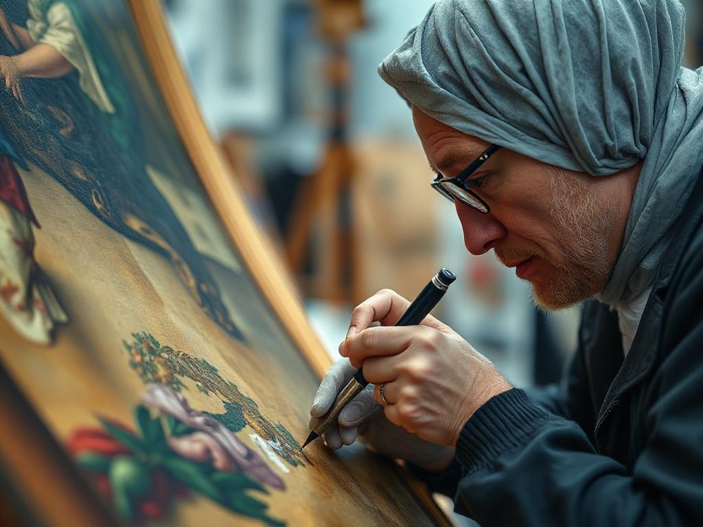 An art conservator delicately working on a classic painting, focused on repairing fine details. The close-up shot captures the tools and materials used, with an emphasis on the careful hand movements and the vibrant colors of the artwork. The background features softly blurred art studio elements, creating an engaging and professional atmosphere.