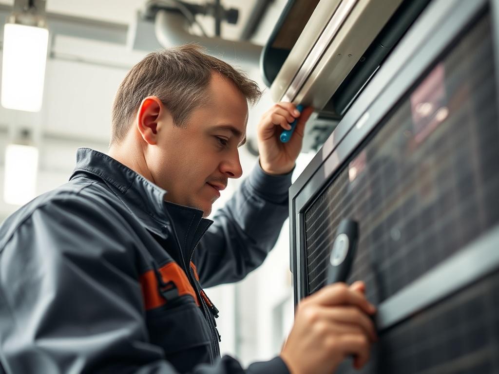 A close-up shot of a technician inspecting an HVAC system, showing tools and equipment in use. The background should be a well-lit indoor setting, emphasizing professionalism and focus. The technician should be wearing a uniform, displaying expertise and care in their work, with a clear view of the HVAC unit being serviced.