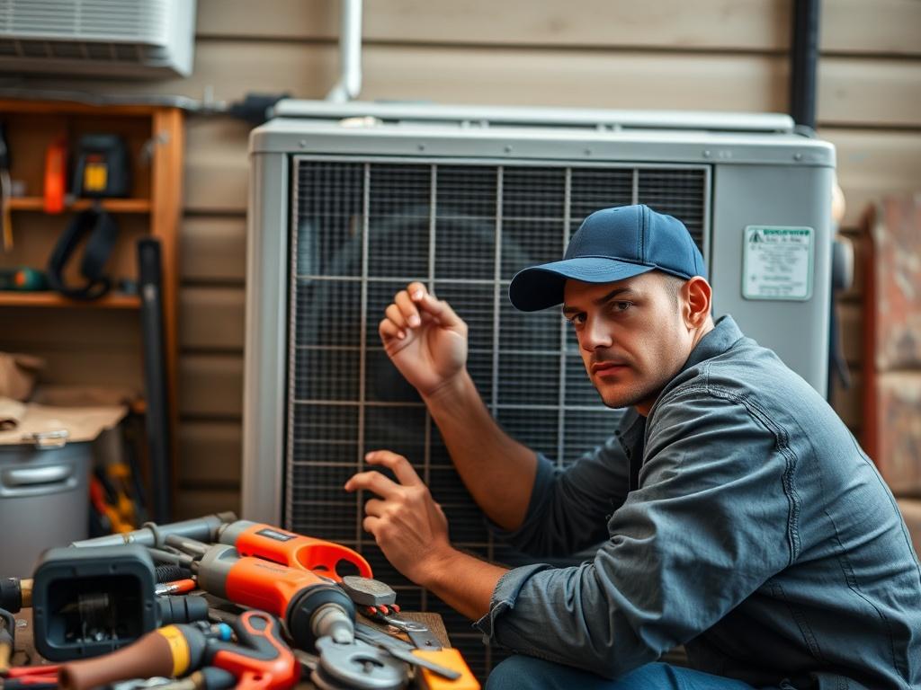 A technician working quickly to repair an HVAC unit in a residential setting, showcasing tools and parts scattered around. The focus is on the technician's determined expression and the HVAC unit, with a sense of urgency and professionalism in the atmosphere.