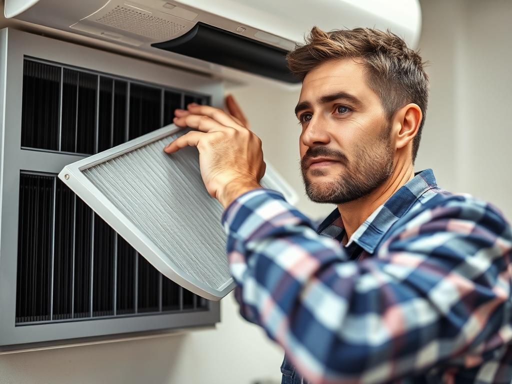 An organized setting showing a technician changing the air filter of an HVAC unit, with a focus on the clean, new filter and the technician's attentive expression. The background should convey a sense of cleanliness and professionalism, highlighting the importance of regular maintenance.