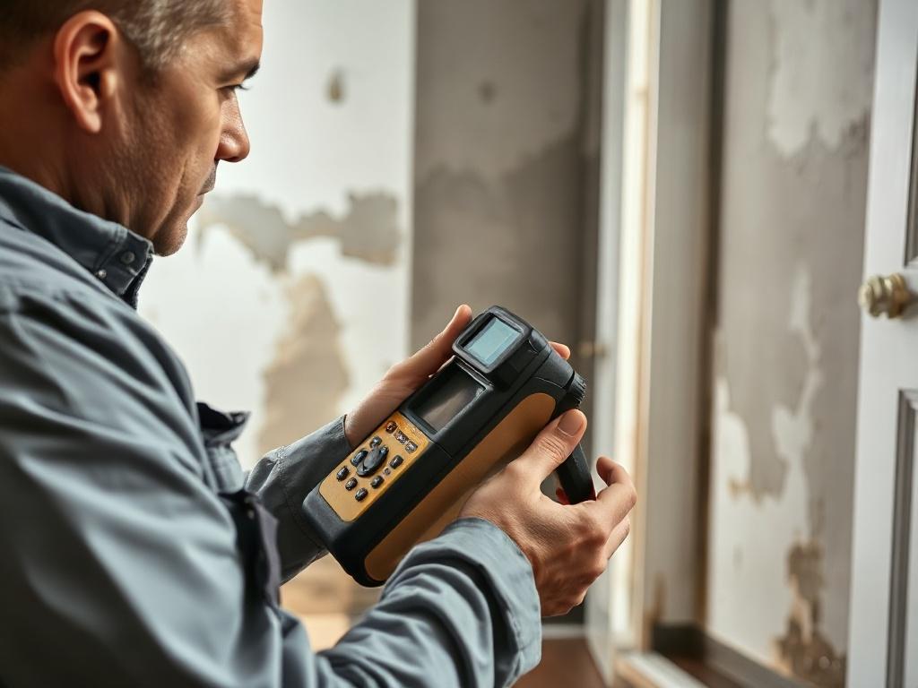 A close-up shot of a professional technician assessing water damage in a home. The technician carefully examines the affected area, holding moisture detection equipment. The background shows water-damaged walls and flooring, creating a sense of urgency. The color palette is calm and professional, emphasizing the technician's focused demeanor. The image should reflect a hyper-realistic style, shot with a 45mm f/1.2 lens.