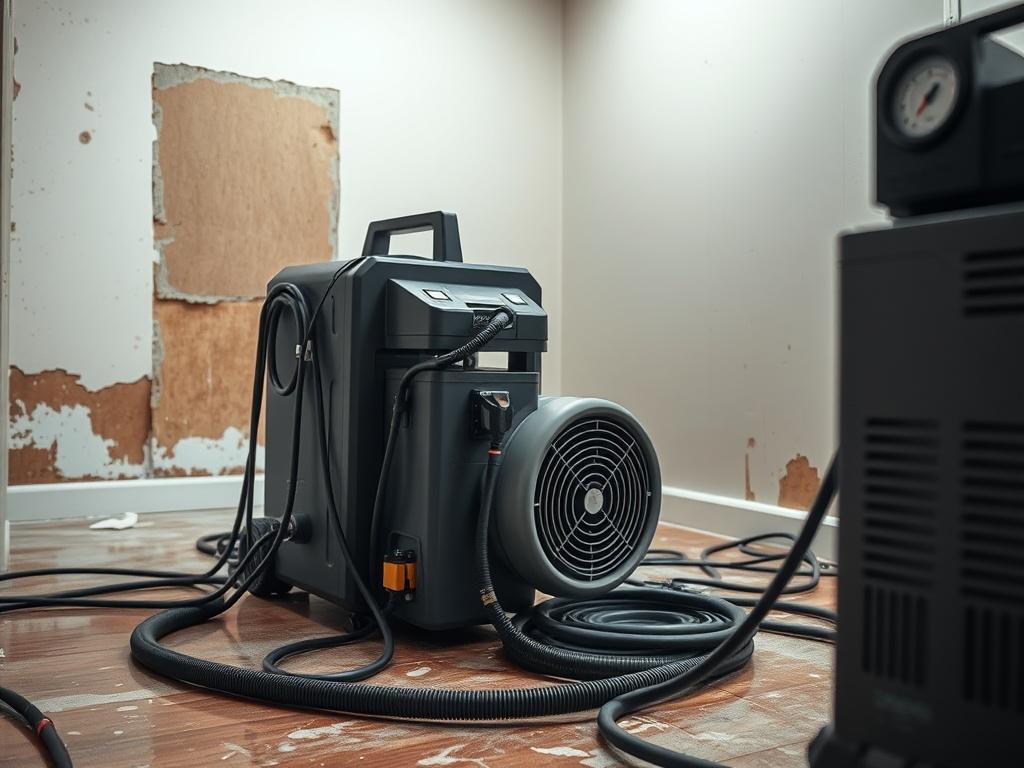 A hyper-realistic close-up shot of drying equipment set up in a water-damaged room. The equipment is actively working to dry the floors and walls, with moisture meters visible. The background shows signs of previous water damage, emphasizing the need for urgent action. The scene captures a calm yet effective atmosphere, highlighting the technology in use, shot with a 45mm f/1.2 lens.