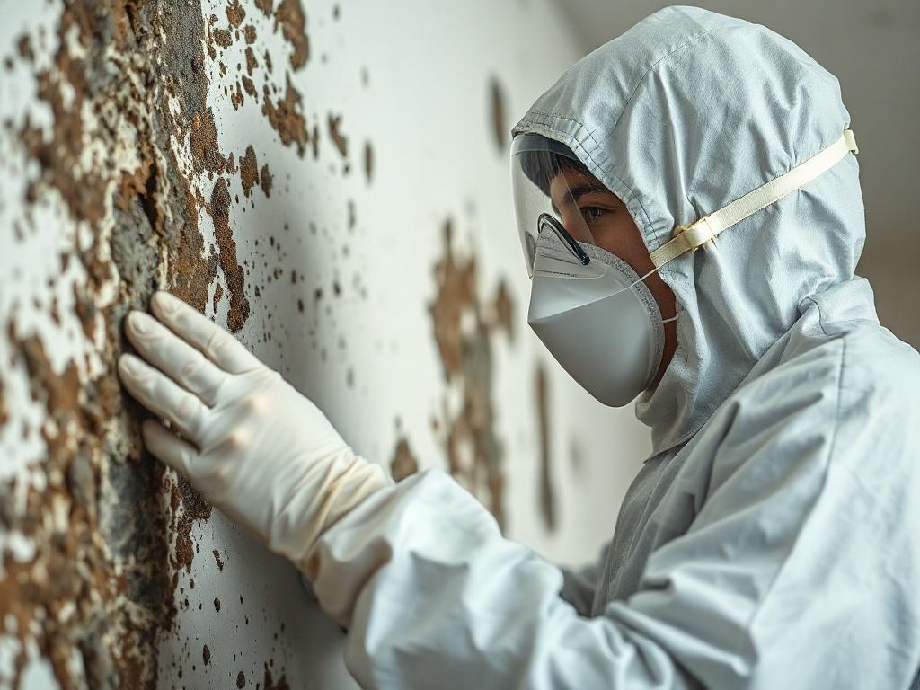 A detailed close-up shot of a technician in protective gear actively removing mold from a wall. The background shows visible mold growth, emphasizing the severity of the issue. The technician appears focused and diligent, reflecting a careful and professional demeanor. The scene should convey a sense of urgency yet calmness in the remediation process, captured in a hyper-realistic style with a 45mm f/1.2 lens.