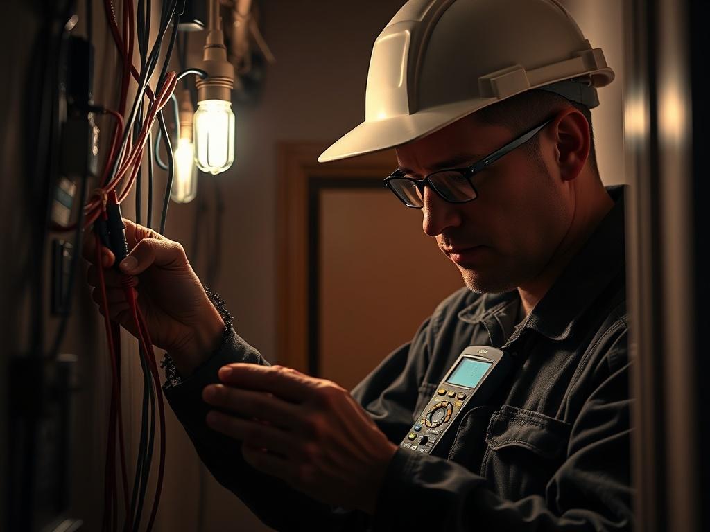 A close-up shot of an electrician troubleshooting electrical wiring in a home. The electrician is focused, using a multimeter to check connections. The environment is a dimly lit room, emphasizing the urgency of resolving the electrical issue while ensuring safety.
