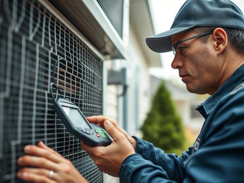 A close-up image of an HVAC technician inspecting a malfunctioning air conditioning unit. The technician is using a diagnostic tool, with a look of focus and urgency. The background is a residential setting, highlighting the importance of quick HVAC solutions during emergencies.