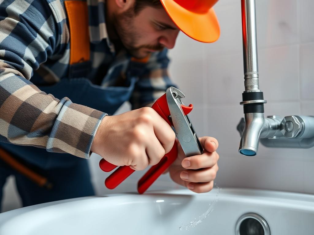 A close-up shot of a plumber in action, fixing a broken pipe with tools in hand. The setting is a modern bathroom with visible plumbing issues, showcasing urgency. The background is slightly blurred to emphasize the plumber and the repair work being done, capturing the moment of swift assistance.