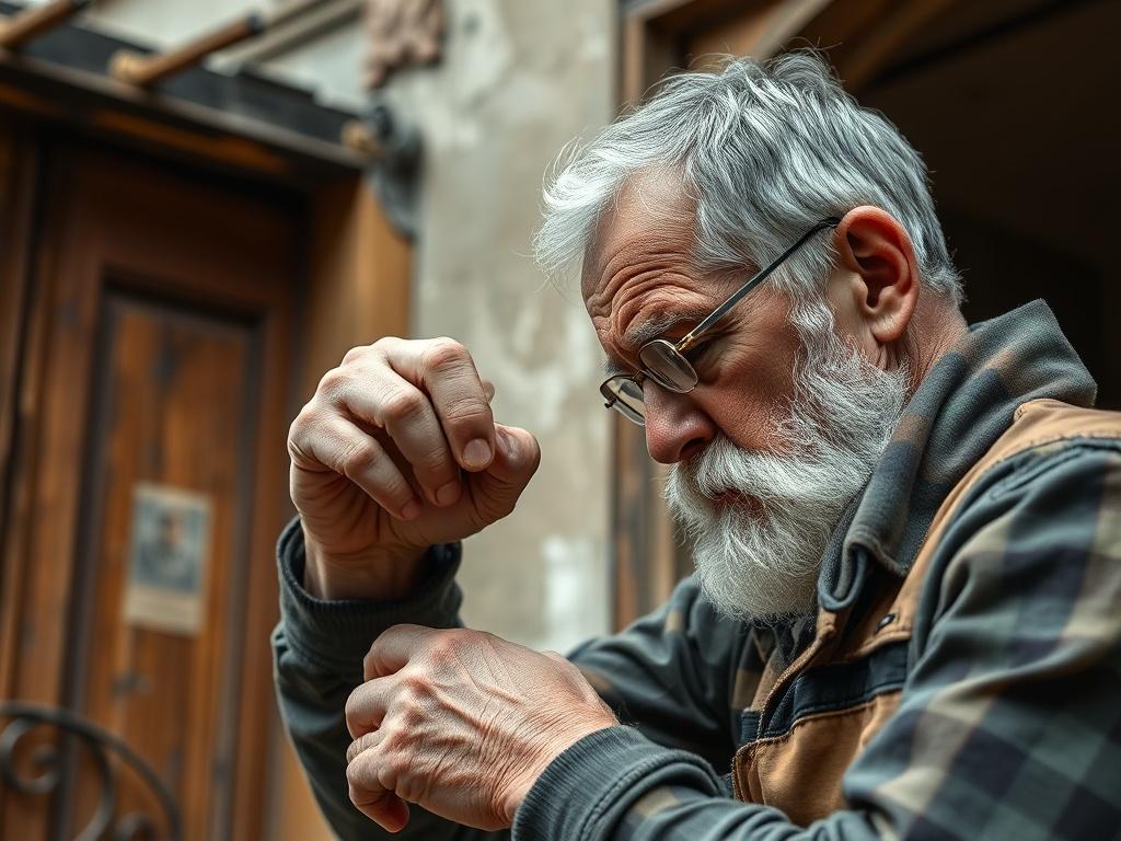 A hyper-realistic close-up of a skilled craftsman restoring a historic home, focusing on intricate woodwork details being carefully repaired. The background shows the aged facade of a historic building, emphasizing the craftsmanship and respect for original character. Shot with a 45mm f/1.2 lens.