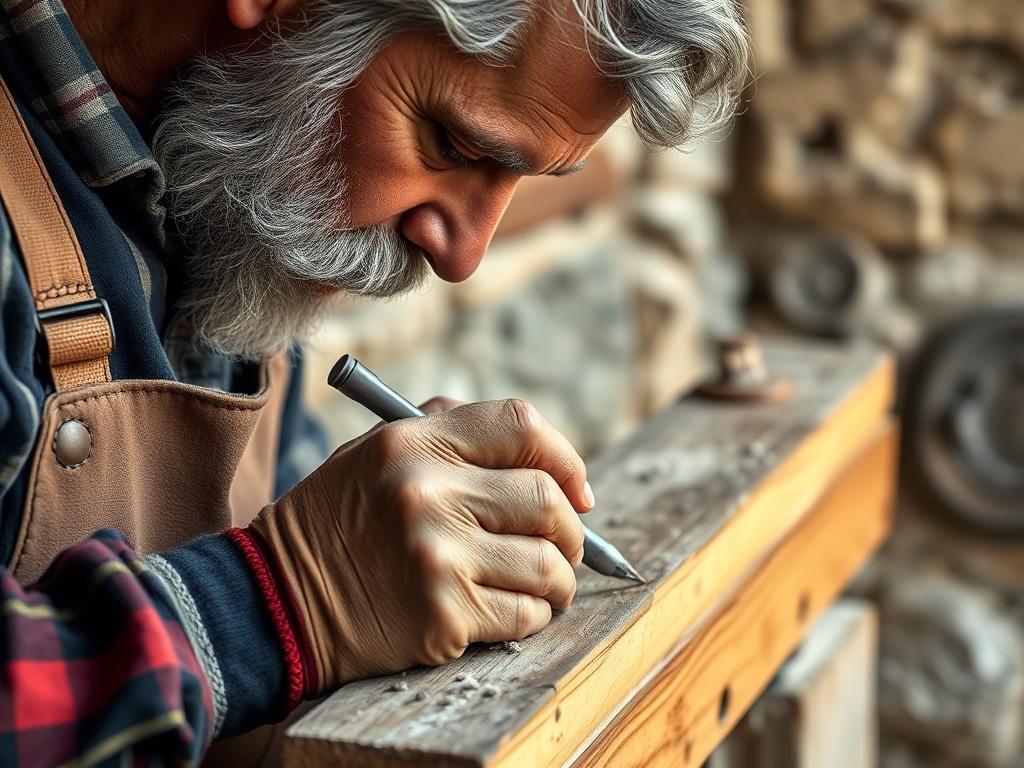 A hyper-realistic close-up of a skilled artisan restoring historic building materials, showcasing the careful application of techniques on aged wood and stone. The background highlights the texture of the materials, emphasizing the craftsmanship involved. Shot with a 45mm f/1.2 lens.