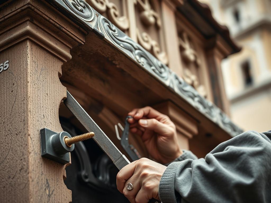 A hyper-realistic close-up of a craftsman meticulously repairing intricate architectural details on a historic building. The focus is on the tools used and the delicate restoration process, with a blurred background of historical architecture. Shot with a 45mm f/1.2 lens.