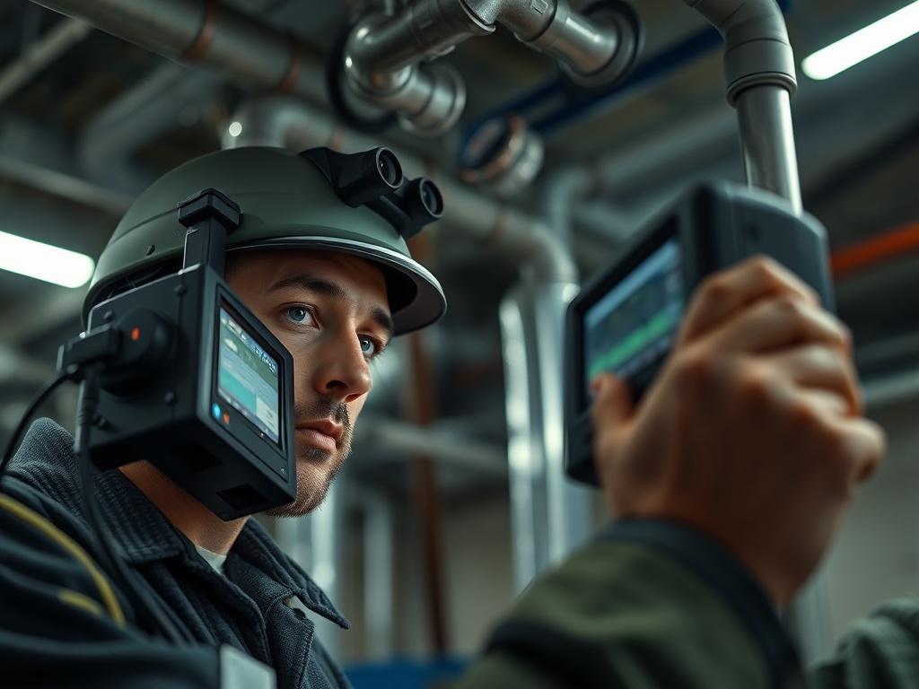 A technician using advanced diagnostic equipment to inspect a commercial plumbing system. The focus is on the diagnostic device and technician's concentrated expression. The background features a commercial environment with visible plumbing infrastructure. Capture the scene in hyper-realistic detail, showing the importance of technology in identifying plumbing issues.