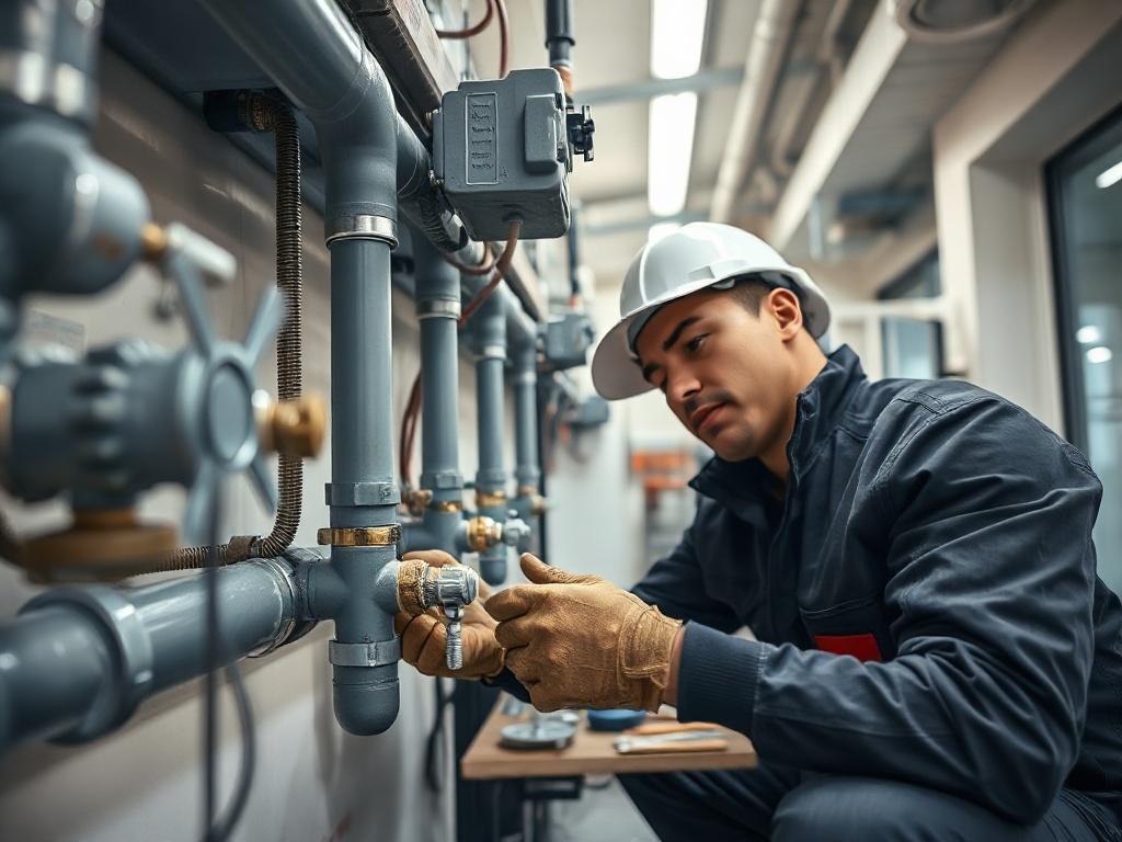 A technician performing preventive maintenance on a plumbing system in a commercial building. The scene captures the technician checking pipes and fixtures, with tools neatly arranged nearby. The background features a clean and organized environment, illustrating the importance of maintenance. Ensure a hyper-realistic portrayal, emphasizing the technician's attention to detail.
