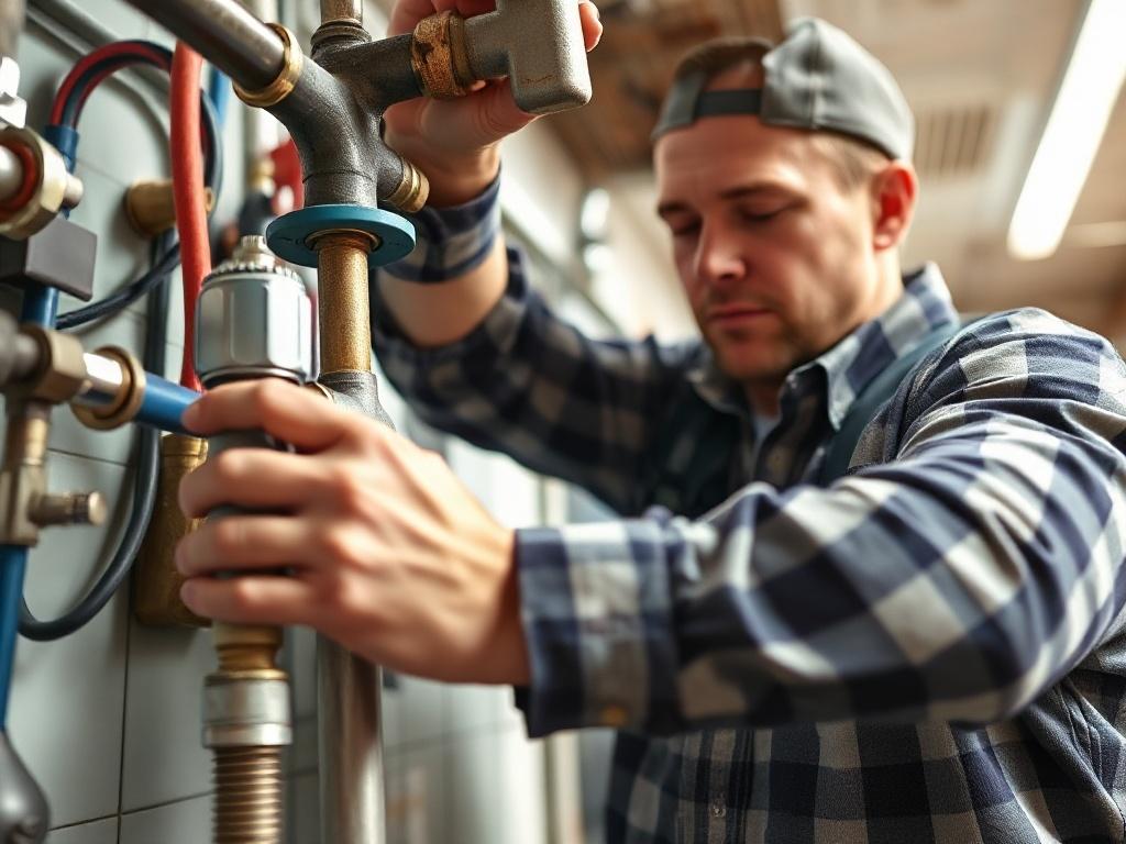 A skilled plumber in action, working on a commercial plumbing system. The focus is on the plumber's hands as they repair a pipe, surrounded by tools and plumbing fixtures. The background shows a well-lit commercial space, emphasizing professionalism and expertise. Capture the moment in a hyper-realistic style with a shallow depth of field, highlighting the details of the plumbing work.