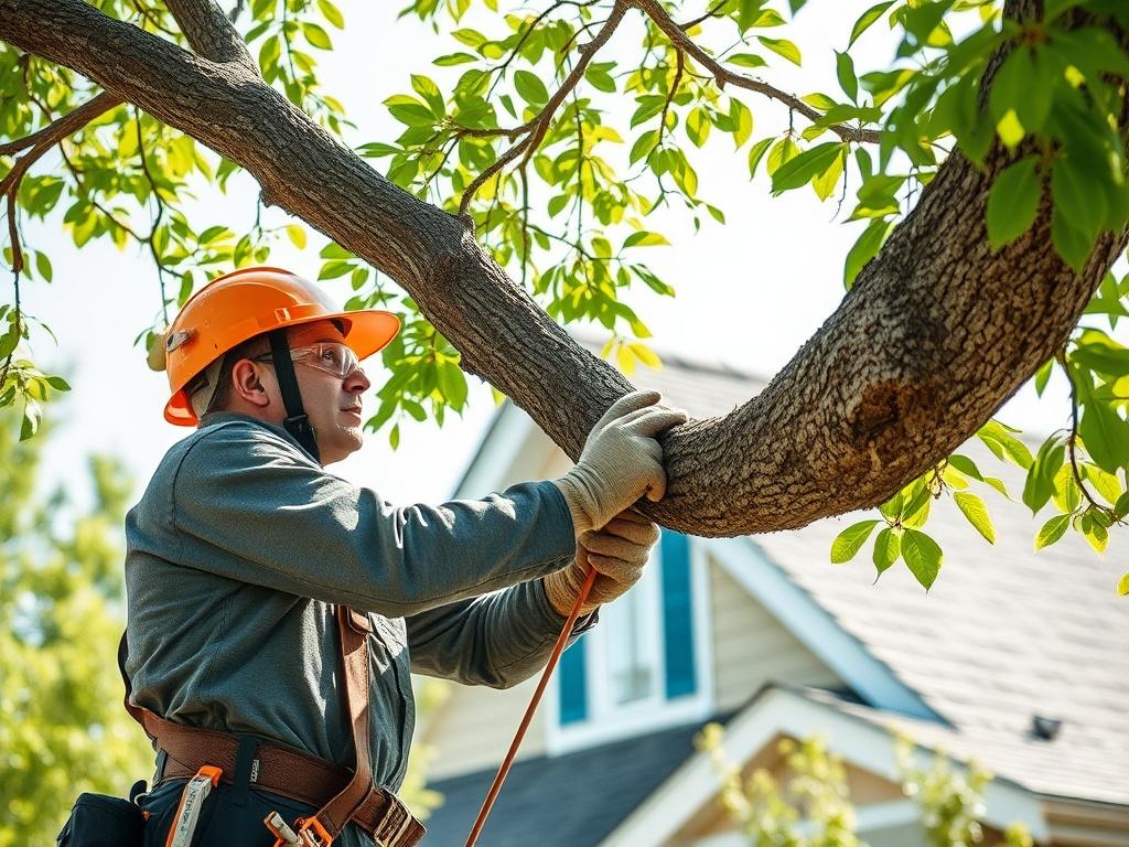 **AI Image Generation Prompt:**

Create a realistic high-resolution photo that captures the essence of tree trimming in relation to home safety. The composition should be simple and clear, featuring a single subject: a professional tree trimmer at work, focused on trimming a large branch hanging over a residential roof. 

The tree trimmer should be dressed in appropriate safety gear, including a hard hat and safety goggles, demonstrating the importance of safety while performing this task. The branch being 