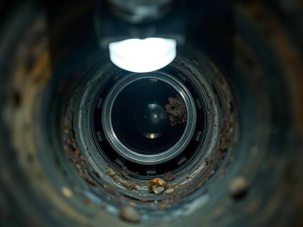 A high-resolution close-up shot of a sewer camera being inserted into a sewer line, capturing the intricate details of the plumbing system. The camera lens should be prominently featured, focusing on the camera's light illuminating the dark sewer pipe, revealing debris and blockages. The background should be blurred to emphasize the camera and pipe, creating a realistic and engaging visual.