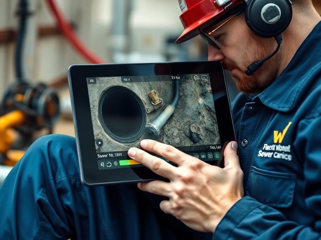 A hyper-realistic close-up shot of a technician analyzing sewer diagnostics on a tablet. The screen displays a live feed from a sewer camera, showing a clear image of the sewer line's condition. The technician, in a blue uniform, is focused and engaged, surrounded by tools and equipment. The background is blurred, highlighting the tablet and the technician's concentration on the task.