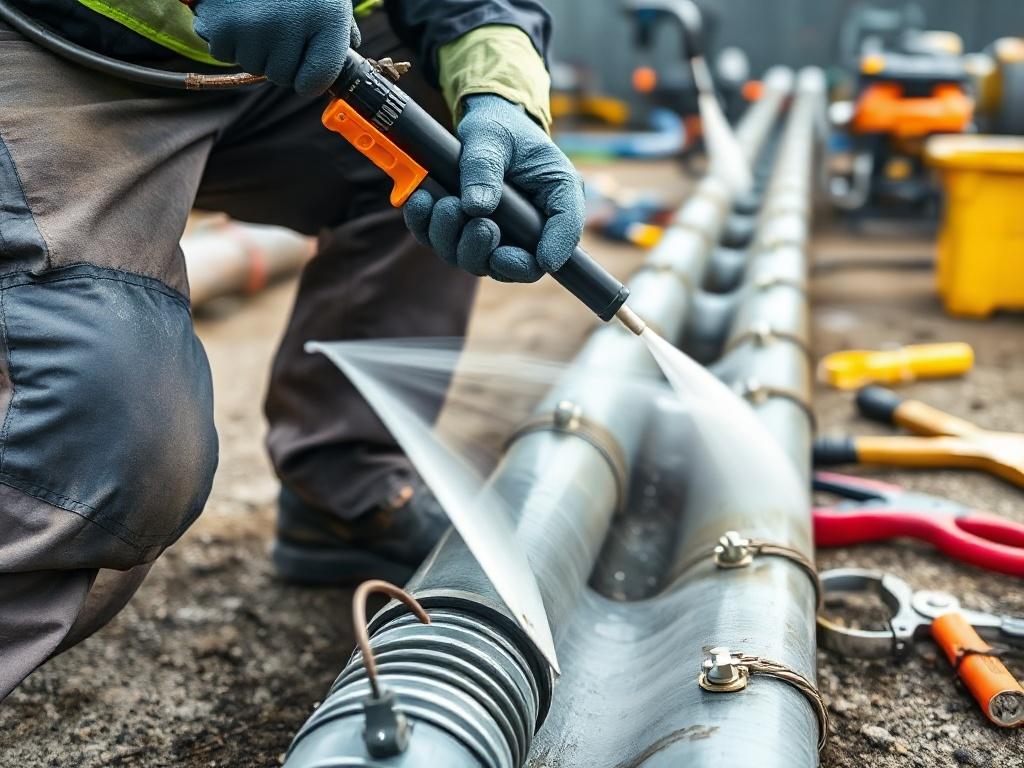 A high-resolution close-up shot of a technician performing preventative maintenance on a sewer line. The technician, wearing gloves and safety gear, is using a high-pressure jetting machine to clean the sewer pipe. The background should show the outdoor setting, with tools and equipment neatly arranged, conveying professionalism and care in maintenance.