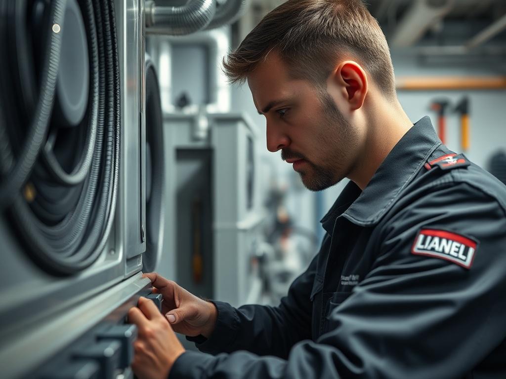 A close-up shot of a skilled technician in uniform working on HVAC equipment in a commercial setting. The technician is focused, showcasing expertise and attention to detail. The background features a clean and organized mechanical room, with tools neatly arranged. The image should capture the essence of professionalism and craftsmanship.