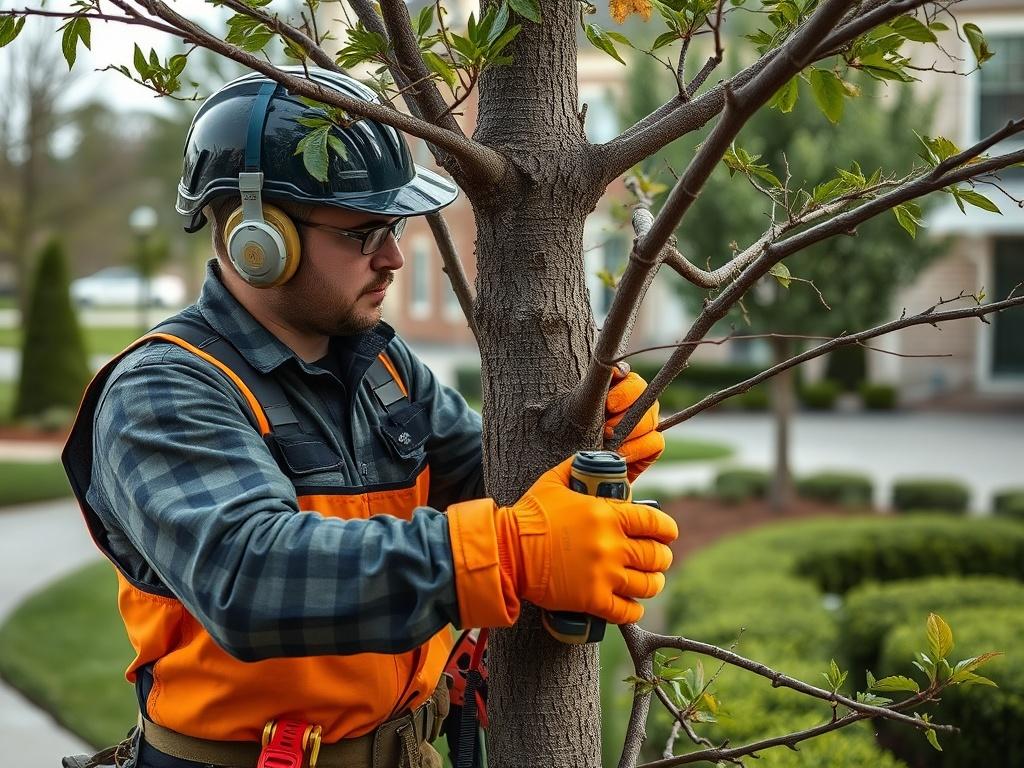 A close-up shot of an arborist carefully pruning a tree on a commercial property. The arborist is wearing safety gear and using professional tools. The background features a well-maintained landscape, highlighting the importance of tree care and landscaping services.