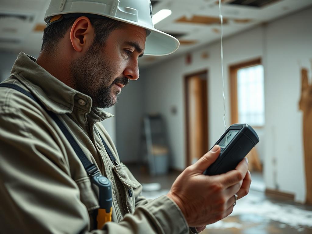 A close-up shot of a restoration technician assessing water damage in a commercial property. The technician is using specialized equipment to detect moisture. The background should show affected areas with visible damage, emphasizing the urgency and expertise required in restoration work.