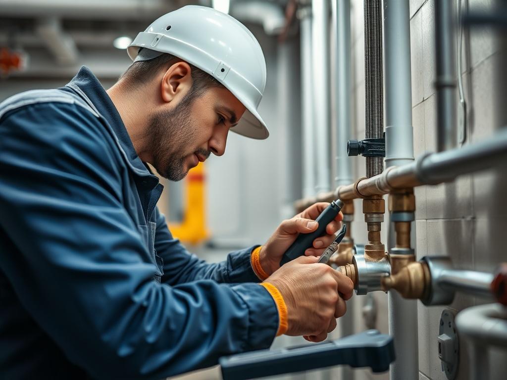 A focused image of a technician performing preventive maintenance on plumbing systems in a commercial building. Tools are laid out neatly, and the technician is examining pipes, showing diligence and attention to detail. The setting should look professional and well-lit.