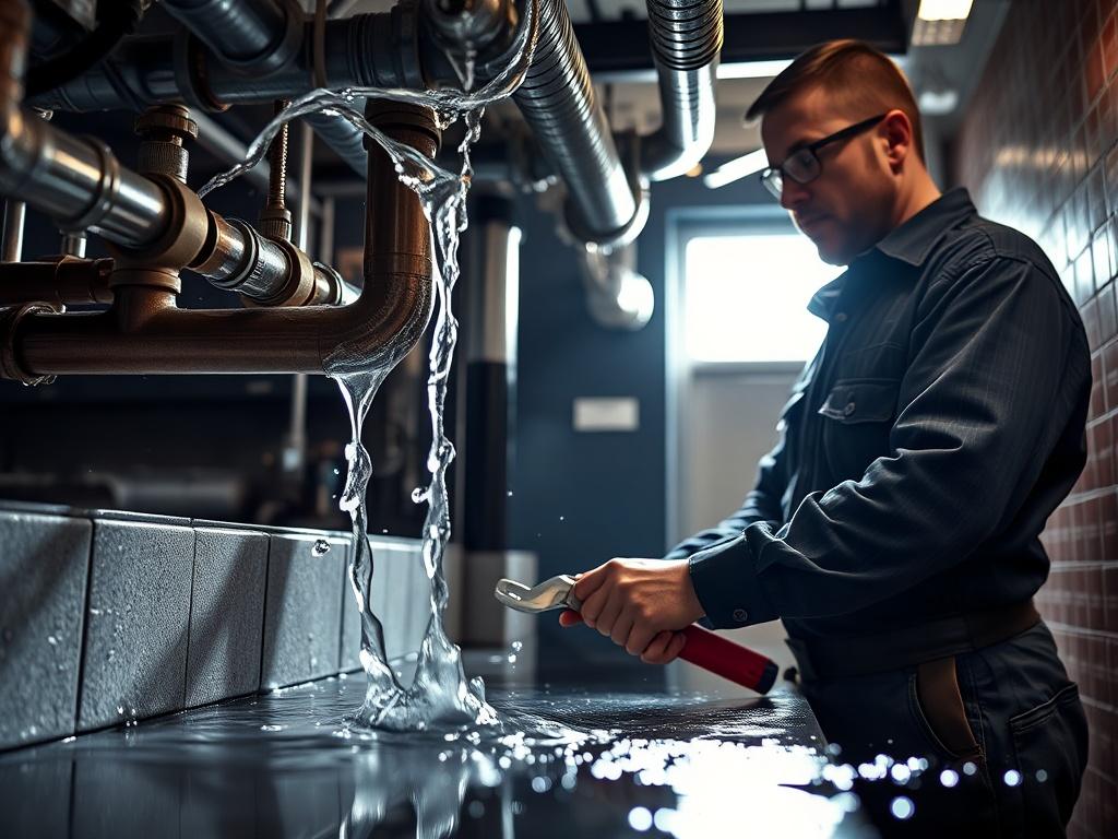 A dramatic image of a plumber responding to an emergency situation, with water leaking from pipes in a commercial setting. The technician is using tools to address the issue urgently, showcasing the need for swift action in plumbing emergencies. The scene conveys urgency and professionalism.