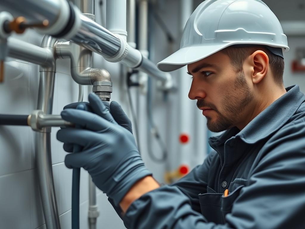 A close-up shot of a professional plumber inspecting a commercial plumbing fixture, wearing gloves and using tools. The background shows a clean and organized plumbing workspace with pipes and equipment. The image should reflect a sense of urgency and professionalism.